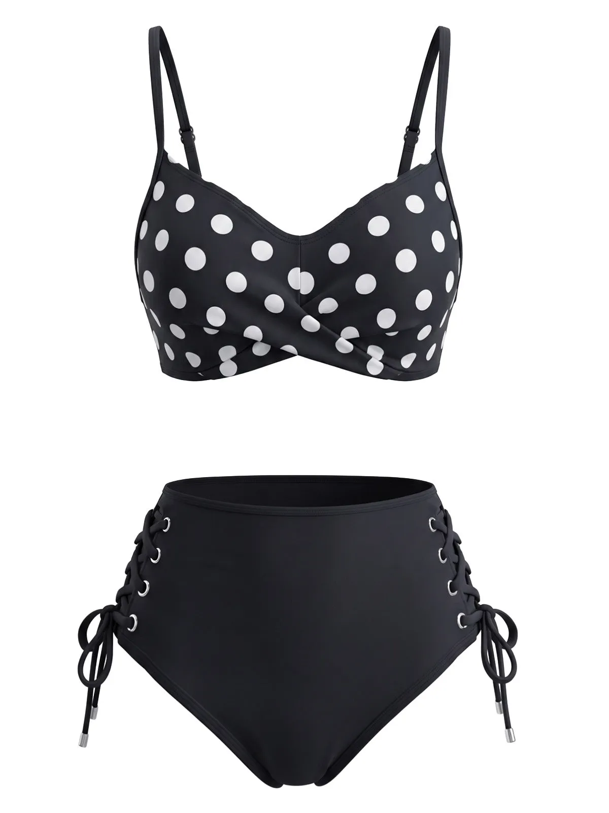 Black 1950s Polka Dot Lace-Up High-Waisted Bikini Set sold by Retro Stage
