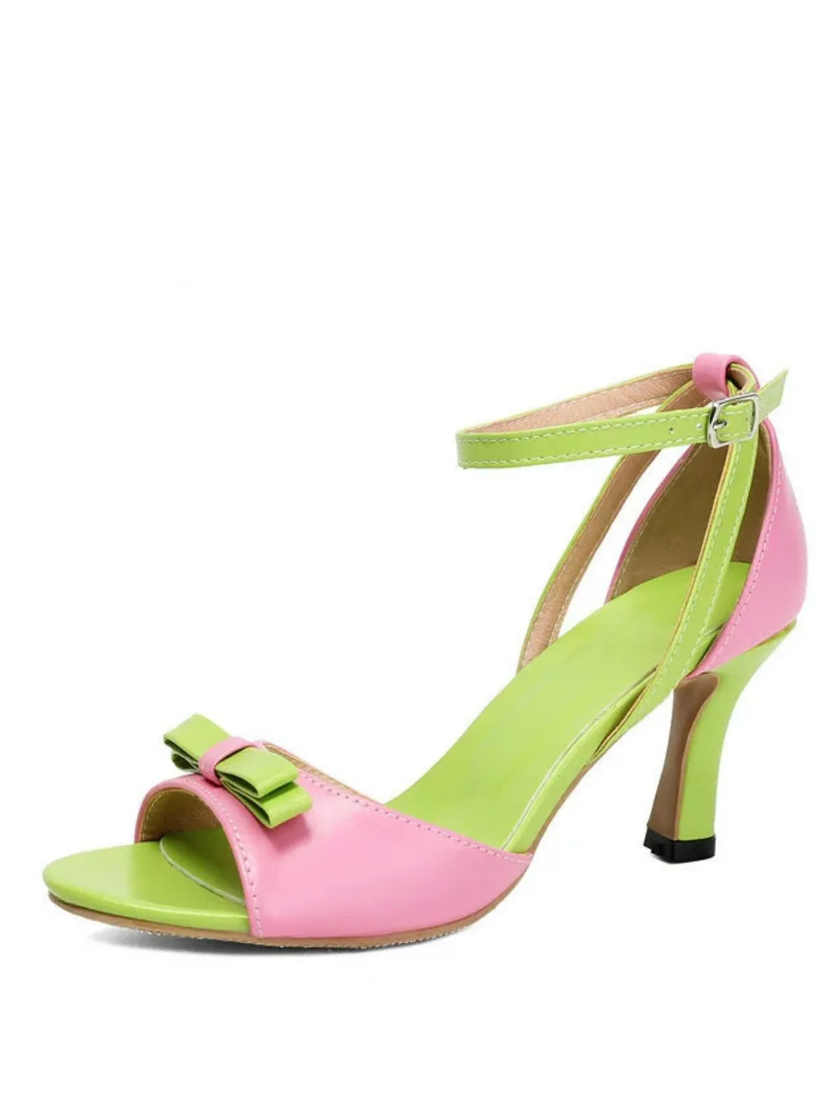 PU ColorBlock Bow Buckle Kitten Heel Sandals sold by Retro Stage product image thumbnail 4
