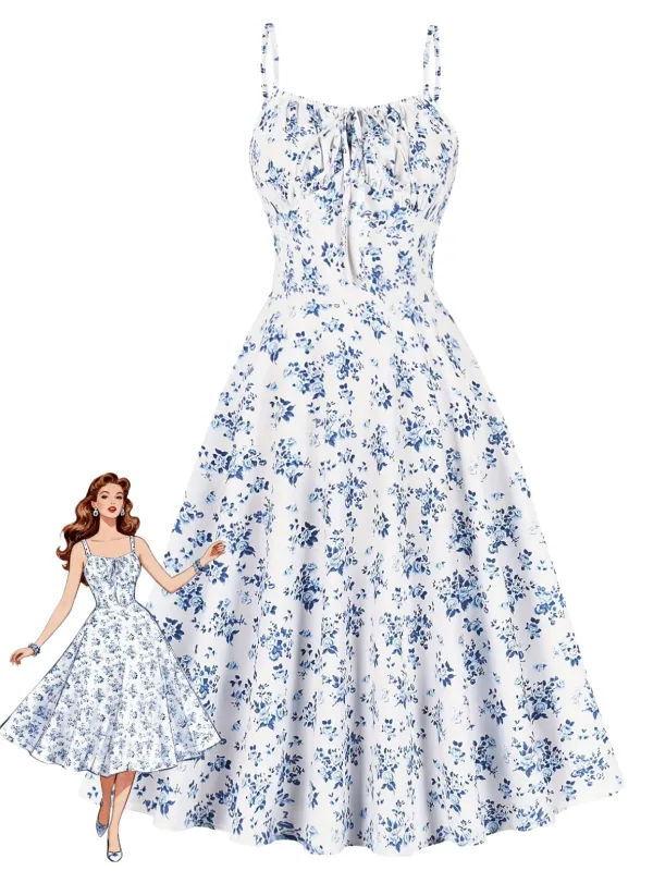 1940s Floral Spaghetti Strap Sleeveless Swing Dress made by Retro Stage