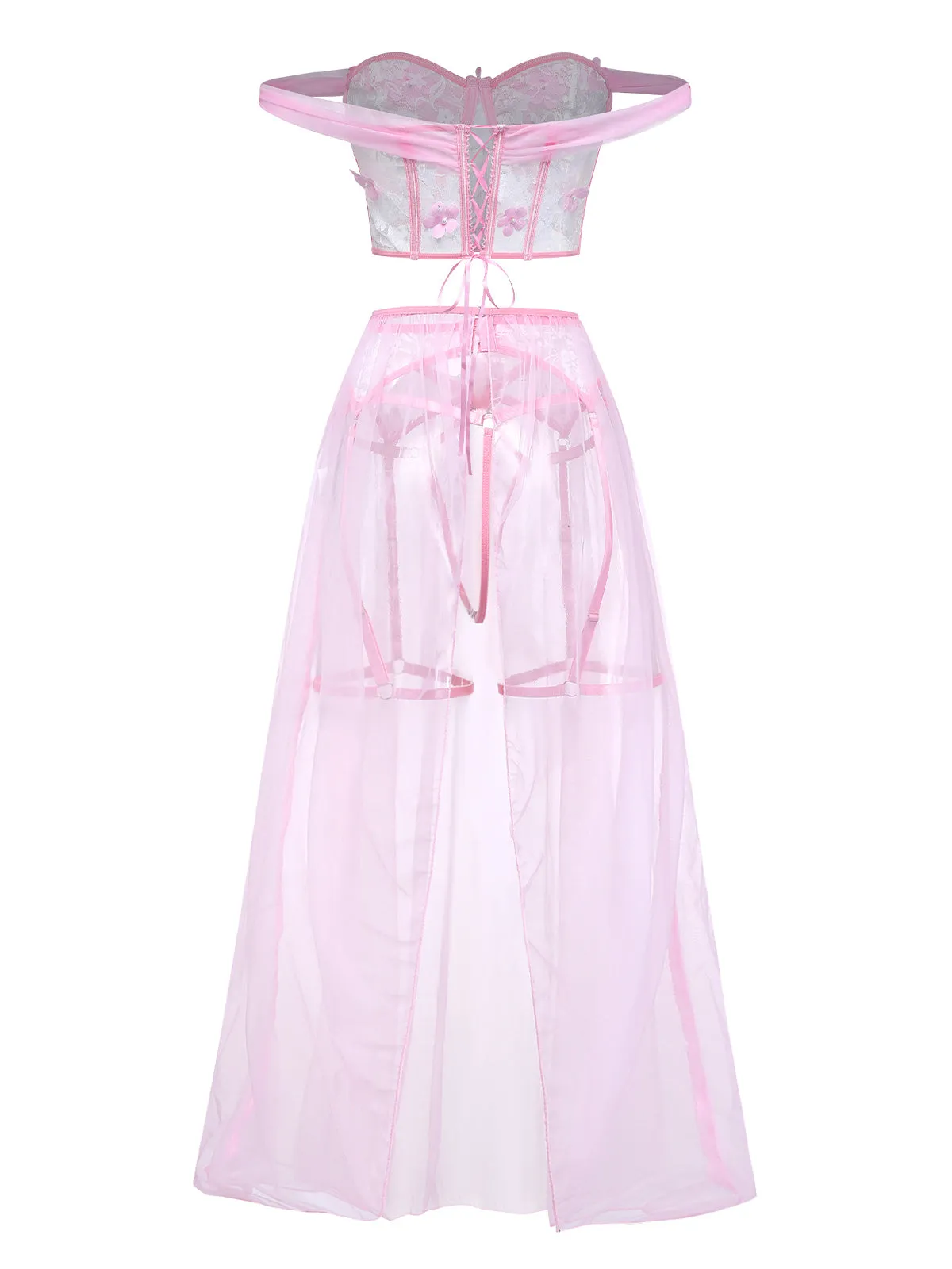Pink 1960s Off-Shoulder Lace 3D Floral Sheer Pajama Set sold by Retro Stage product image thumbnail 3