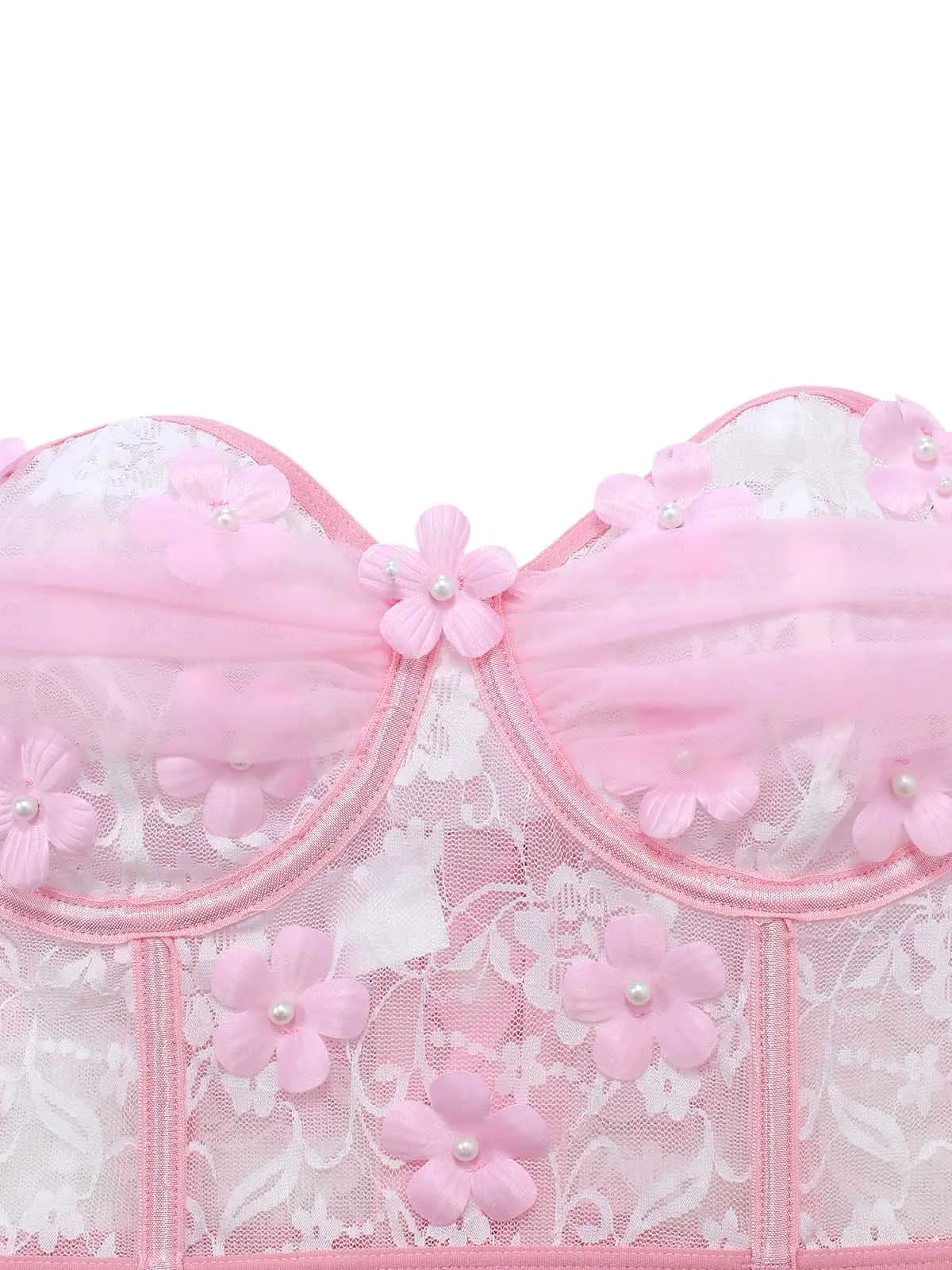 Pink 1960s Off-Shoulder Lace 3D Floral Sheer Pajama Set sold by Retro Stage product image thumbnail 4