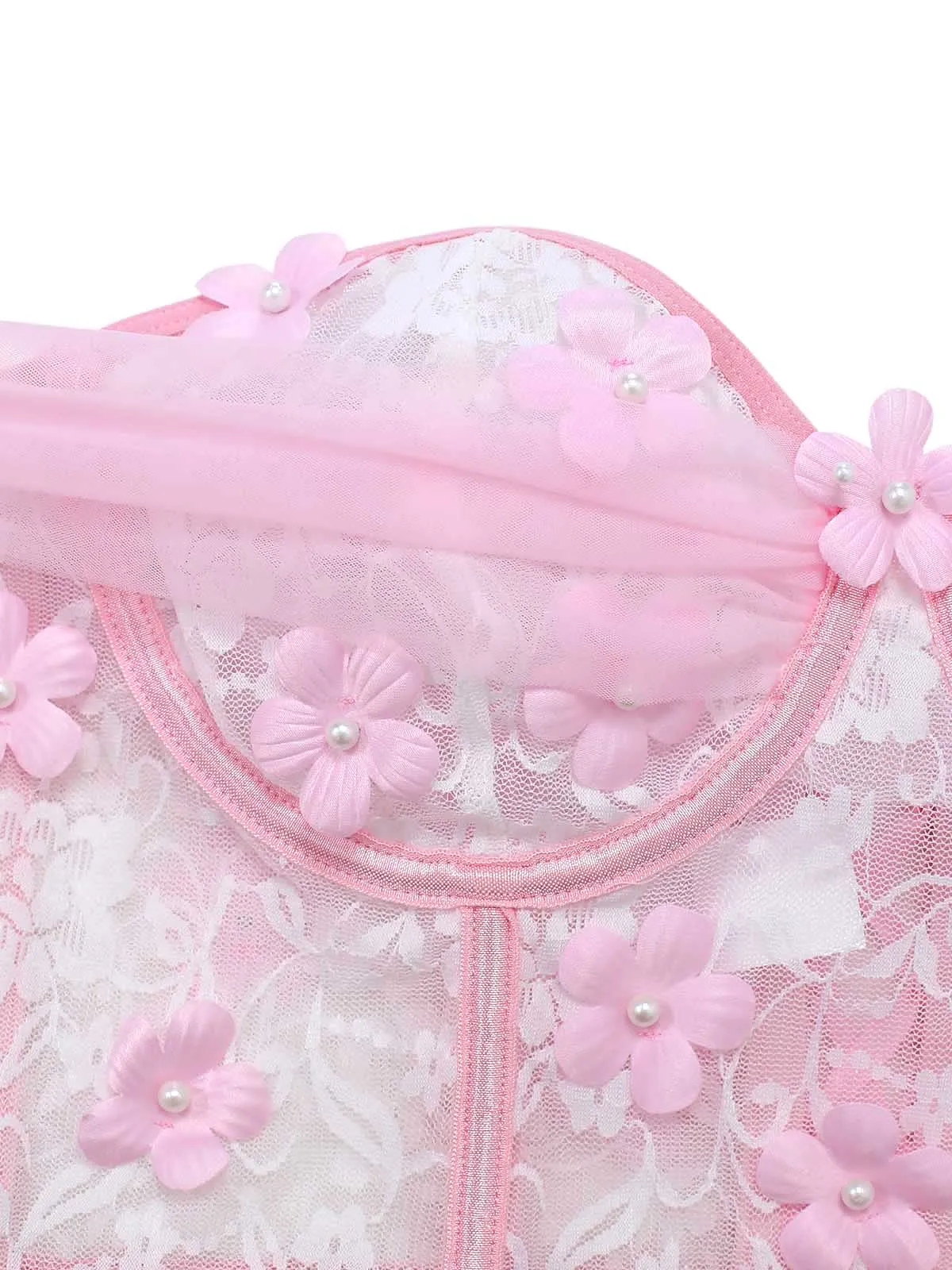Pink 1960s Off-Shoulder Lace 3D Floral Sheer Pajama Set sold by Retro Stage product image thumbnail 5