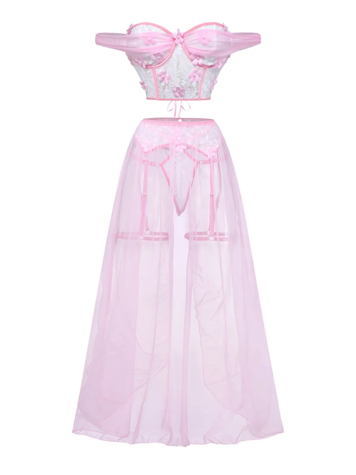 Pink 1960s Off-Shoulder Lace 3D Floral Sheer Pajama Set sold by Retro Stage product image thumbnail 2