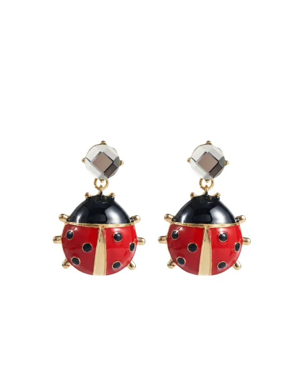 Red Ladybug Crystal Gold Drop Earrings made by Retro Stage