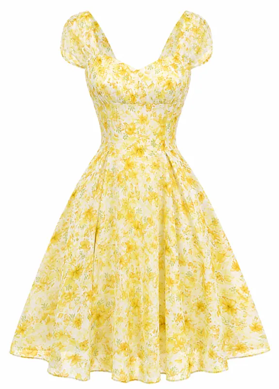 [Pre-Sale] Yellow 1950s Puff Sleeve Sweetheart Neck Floral Swing Dress made by Retro Stage