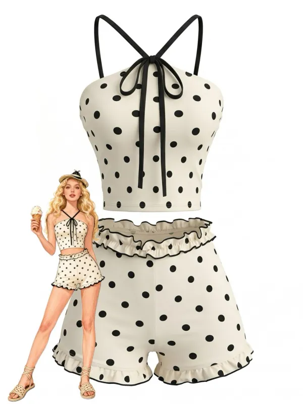 Beige 1980s Polka Dot Ruffle Tie Halter Tankini Set made by Retro Stage