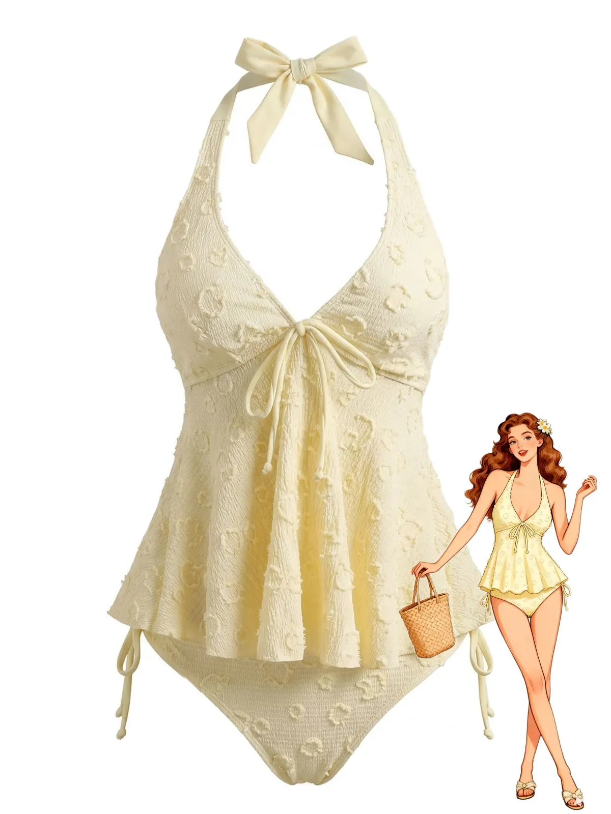 1950s Textured Floral Halter Deep V Tankini Set sold by Retro Stage product image thumbnail 2