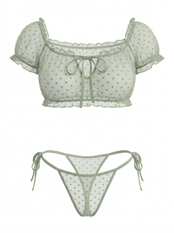 Green 1950s Off-Shoulder Polka Dot Mesh Lingerie Set made by Retro Stage