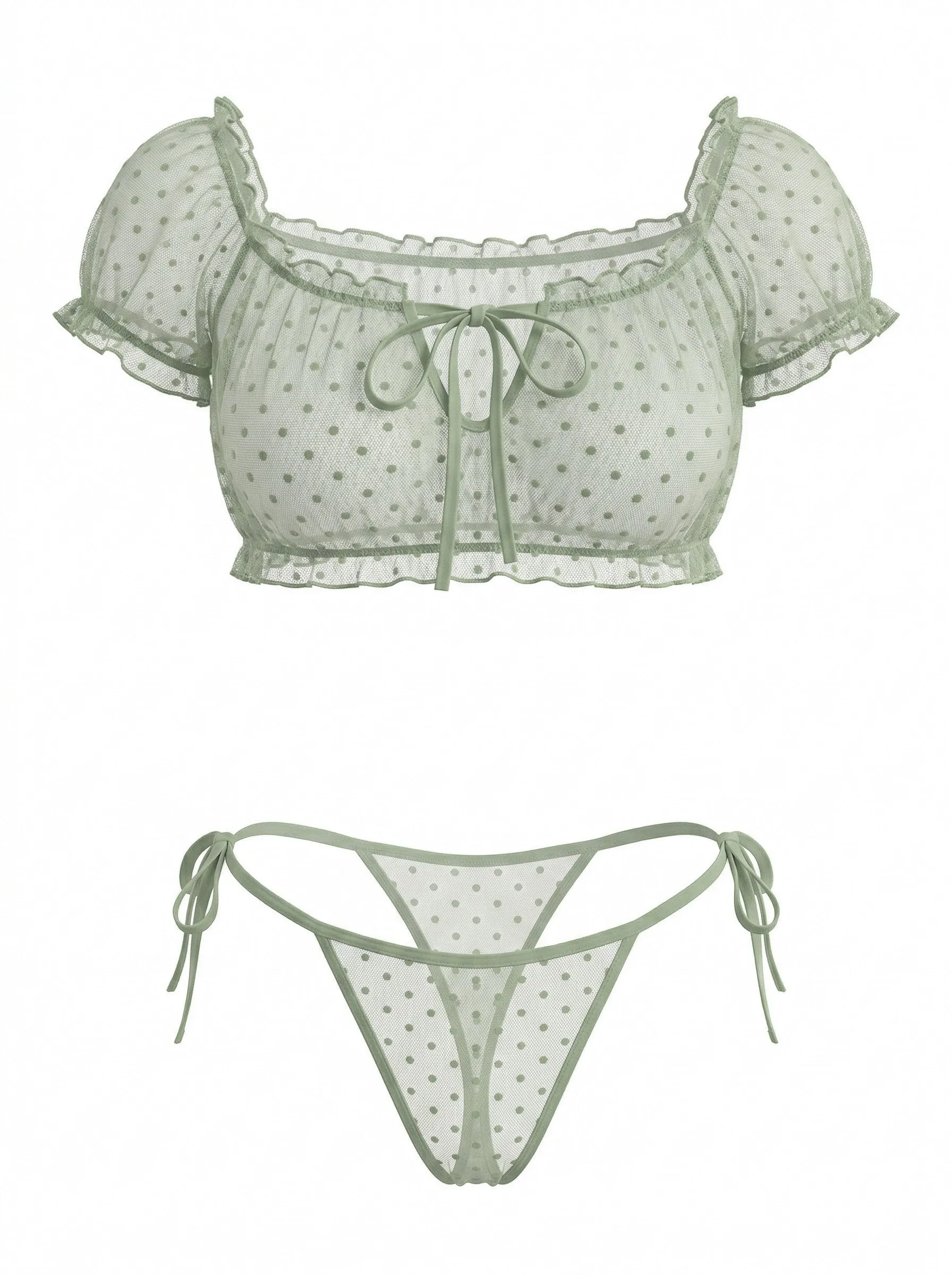 Green 1950s Off-Shoulder Polka Dot Mesh Lingerie Set sold by Retro Stage
