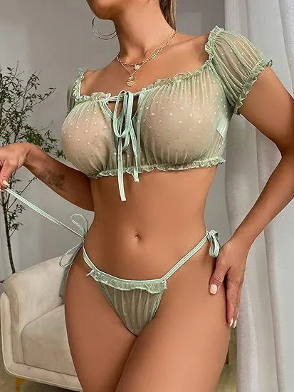 Green 1950s Off-Shoulder Polka Dot Mesh Lingerie Set sold by Retro Stage product image thumbnail 2