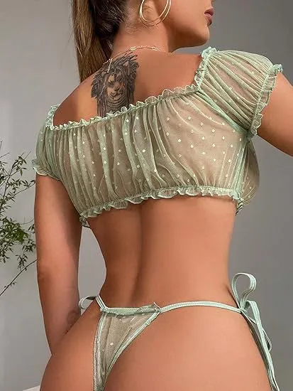 Green 1950s Off-Shoulder Polka Dot Mesh Lingerie Set sold by Retro Stage product image thumbnail 3