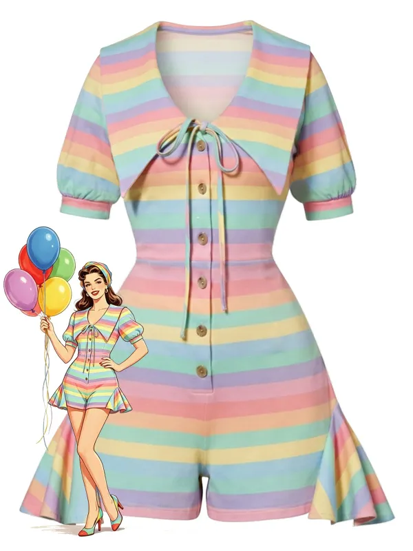 [Pre-Sale] 1960s Pastel Rainbow Stripe Chelsea Collar Ruffled Romper made by Retro Stage