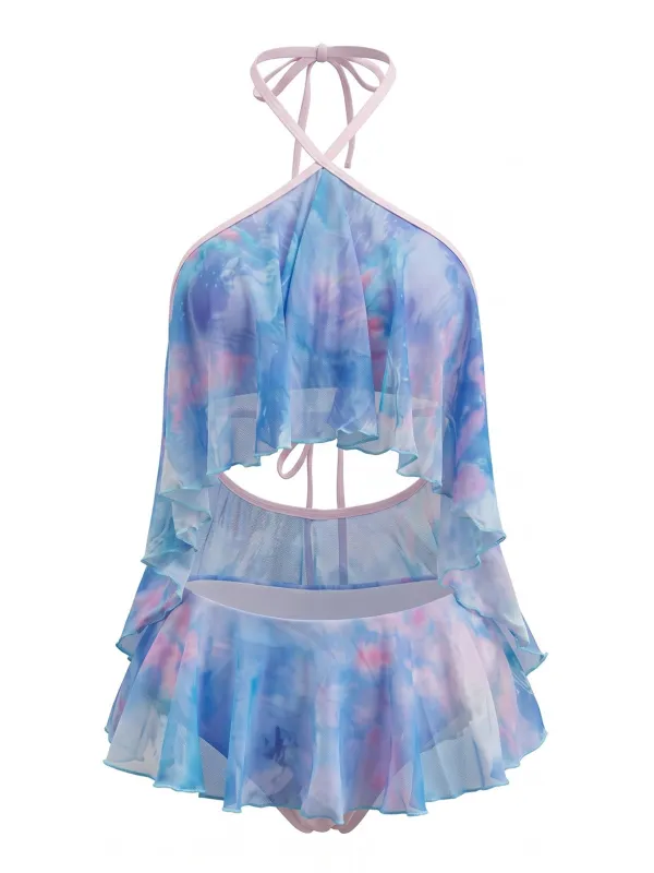 Sky Blue 1980s Halter Ombré Ruffled Tankini Set made by Retro Stage