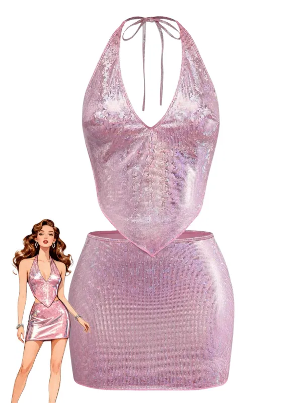 Pink 1960s Sequin Metallic Halter Bikini Set & Cover-up Skirt made by Retro Stage