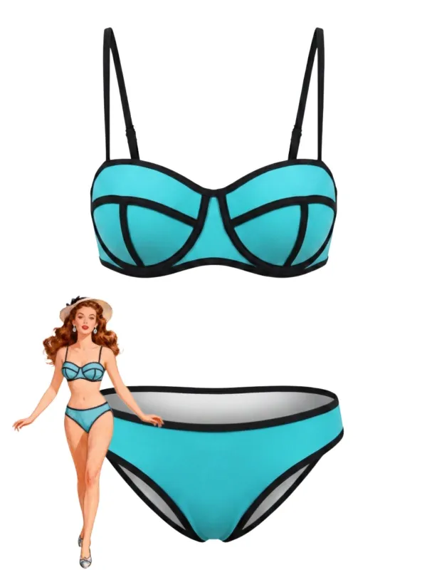 1970s Spaghetti Strap Colorblock Trim Bikini Set made by Retro Stage