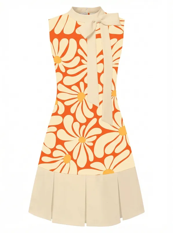 [Pre-Sale] Orange 1960s Floral Mock Neck Pleated Dress made by Retro Stage