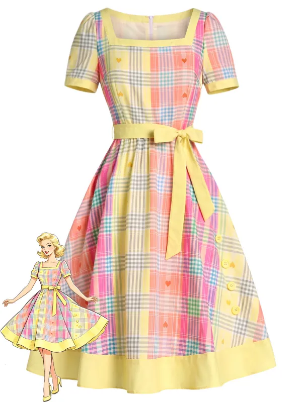 [Pre-Sale] Light Yellow 1950s Square Neck Plaid Heart Dress made by Retro Stage