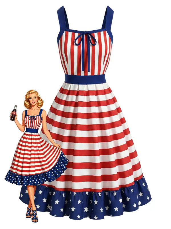 [Pre-Sale] Red & Blue & White 1950s Striped Patchwork Dress made by Retro Stage