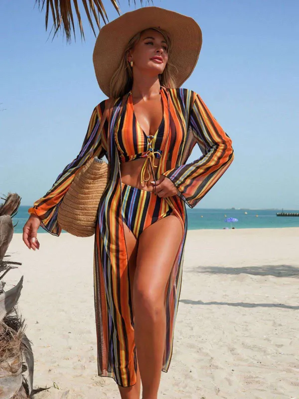 1960s Vertical Stripe Lace-Up Bikini Set & Cover-Up made by Retro Stage