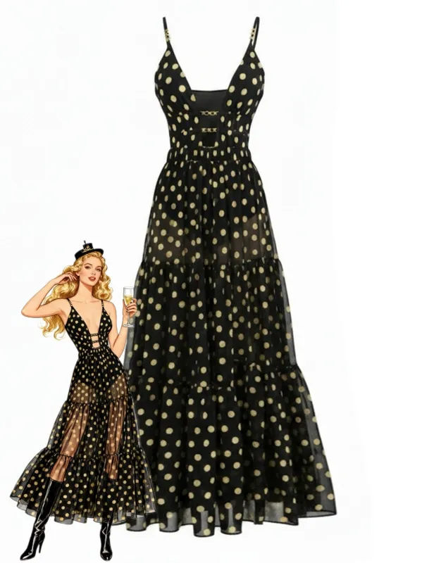 Black 1980s Polka Dot Swimsuit & Cover-Up Skirt made by Retro Stage