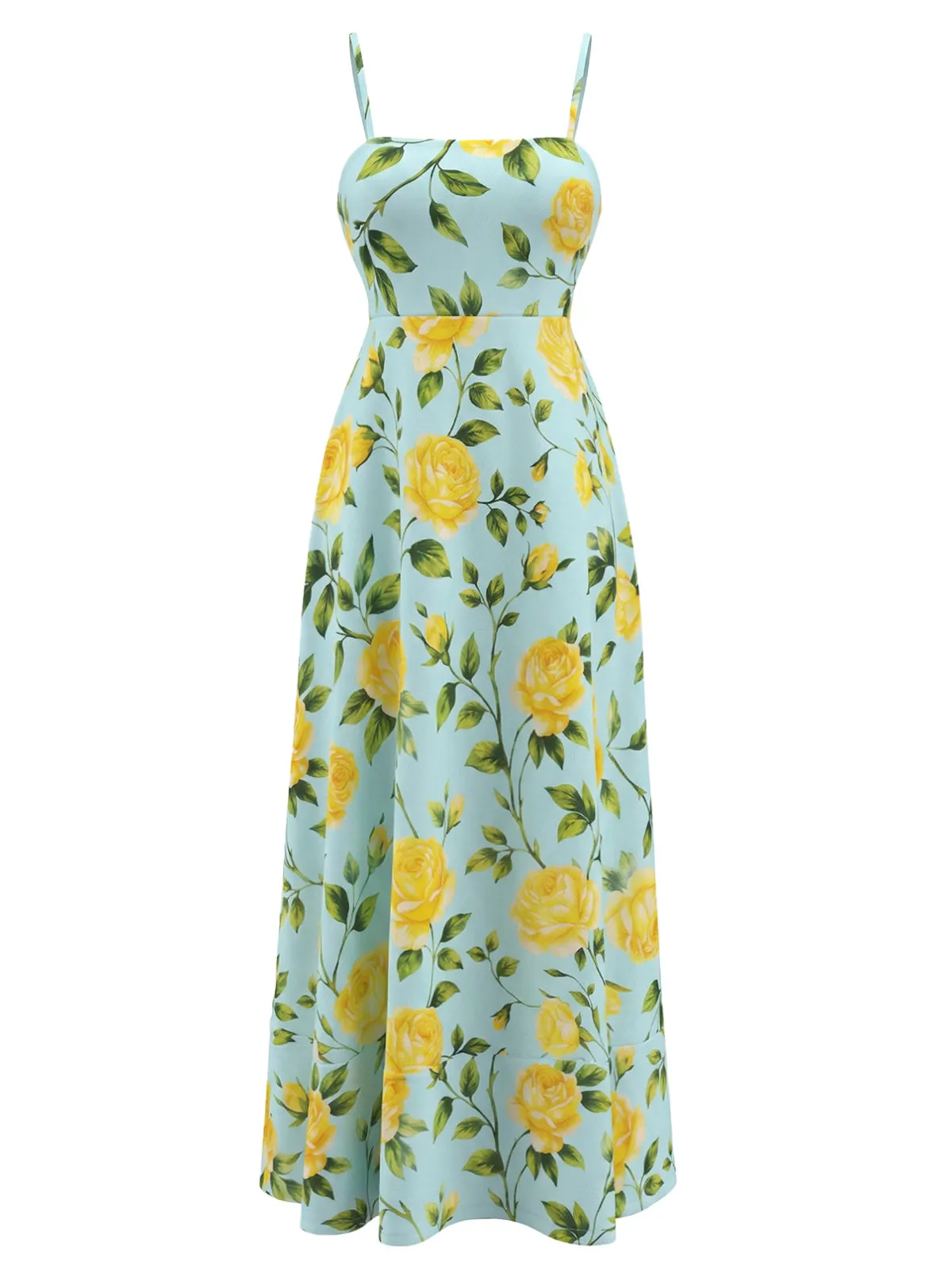 Light Blue 1940s Yellow Rose Spaghetti Strap Midi Dress sold by Retro Stage product image thumbnail 2
