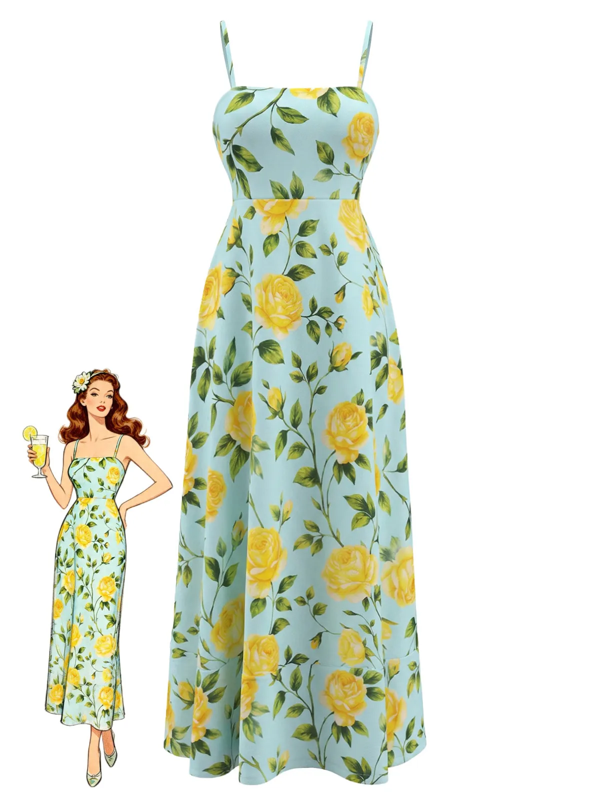 Light Blue 1940s Yellow Rose Spaghetti Strap Midi Dress sold by Retro Stage