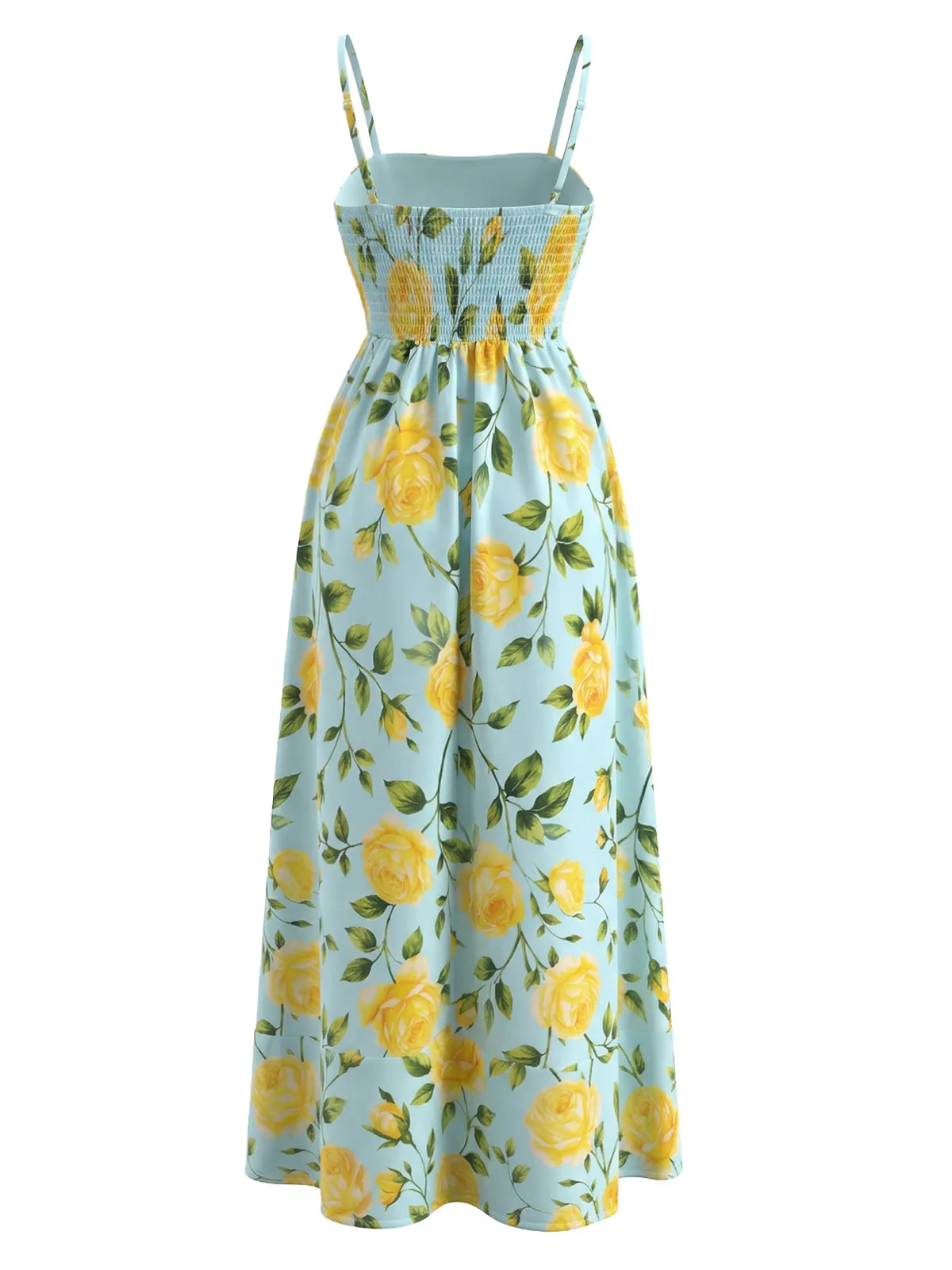 Light Blue 1940s Yellow Rose Spaghetti Strap Midi Dress sold by Retro Stage product image thumbnail 3