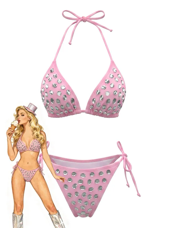 1980s Rhinestone Halter Triangle Bikini Set made by Retro Stage