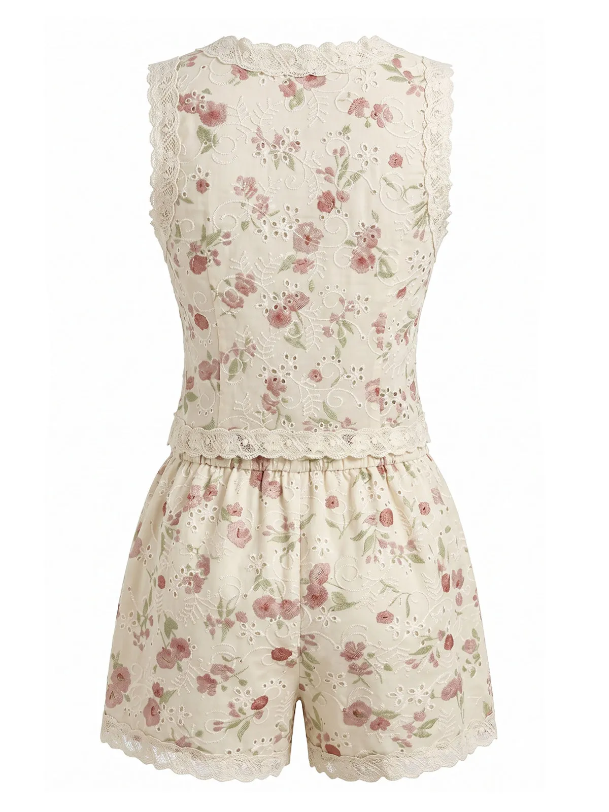 2PCS Beige 1940s Ditsy Floral Lace Patchwork Top & Shorts sold by Retro Stage product image thumbnail 3