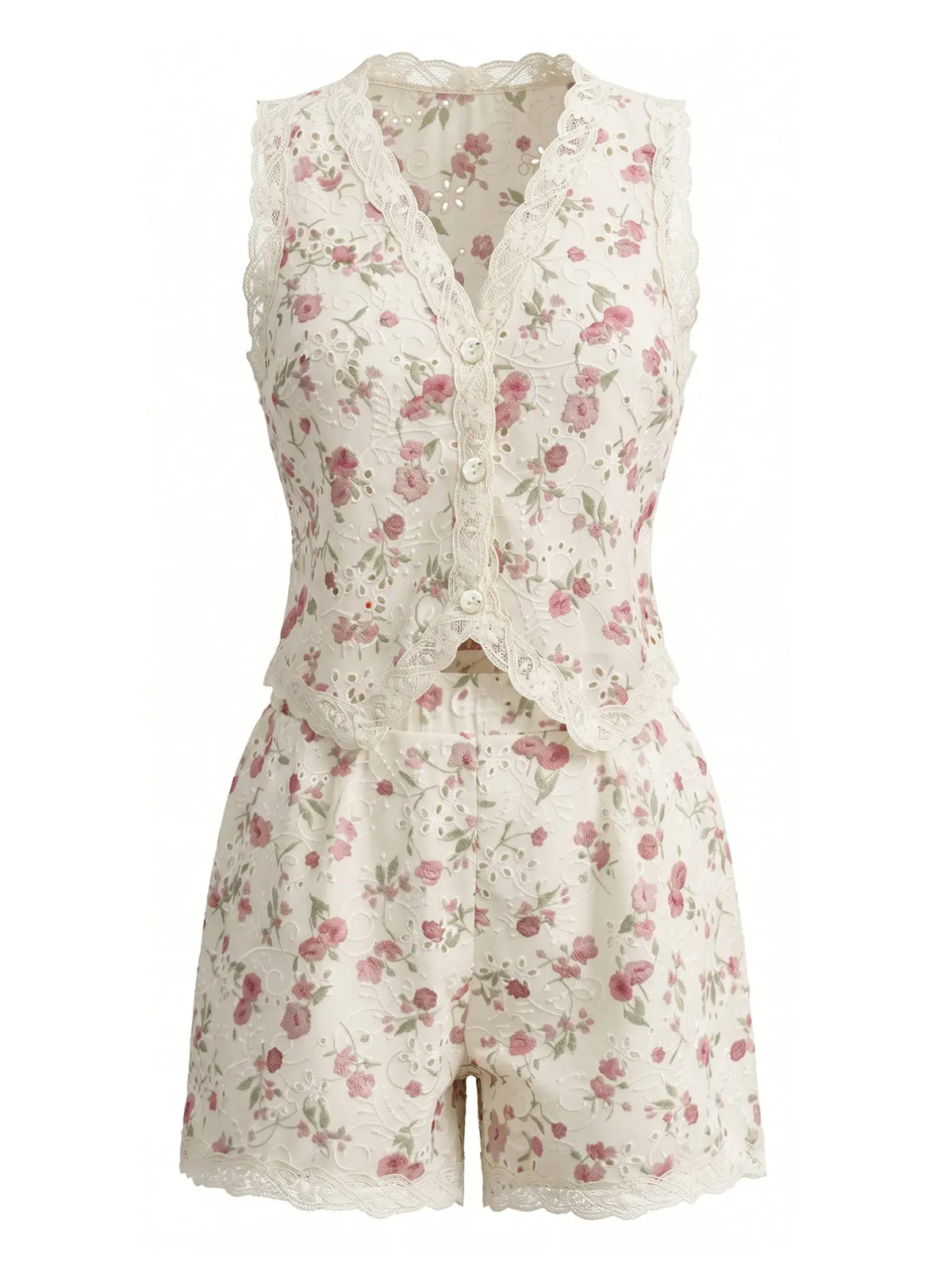 2PCS Beige 1940s Ditsy Floral Lace Patchwork Top & Shorts sold by Retro Stage product image thumbnail 2