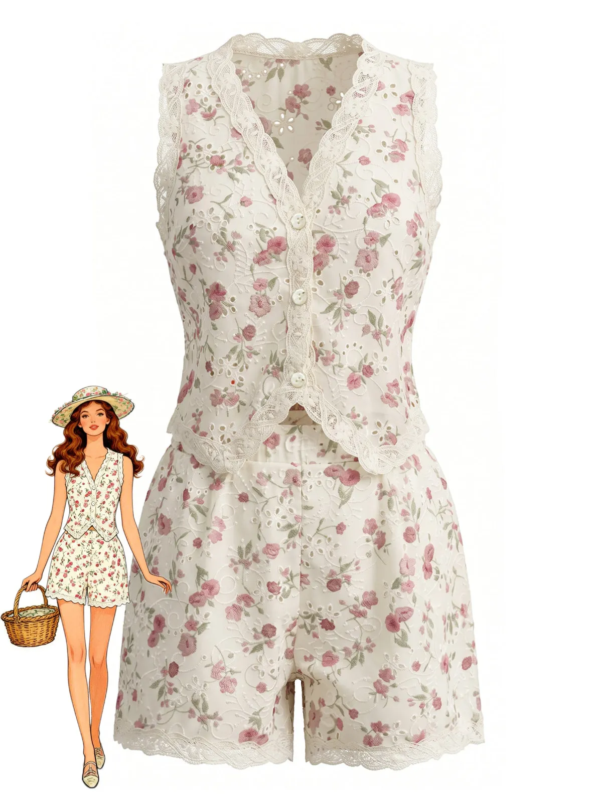 2PCS Beige 1940s Ditsy Floral Lace Patchwork Top & Shorts sold by Retro Stage