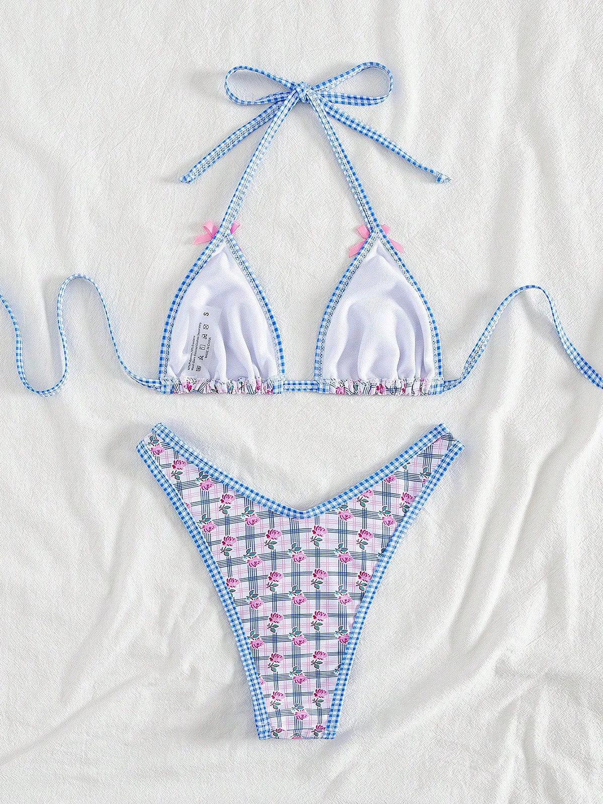 Blue 1960s Gingham Floral Bow Halter Triangle Bikini Set sold by Retro Stage product image thumbnail 3