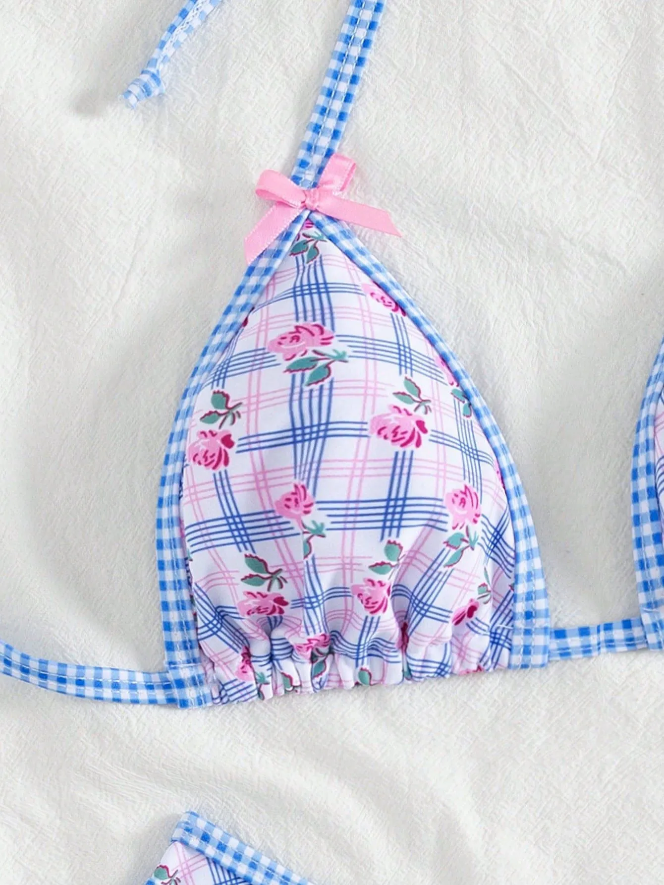 Blue 1960s Gingham Floral Bow Halter Triangle Bikini Set sold by Retro Stage product image thumbnail 4