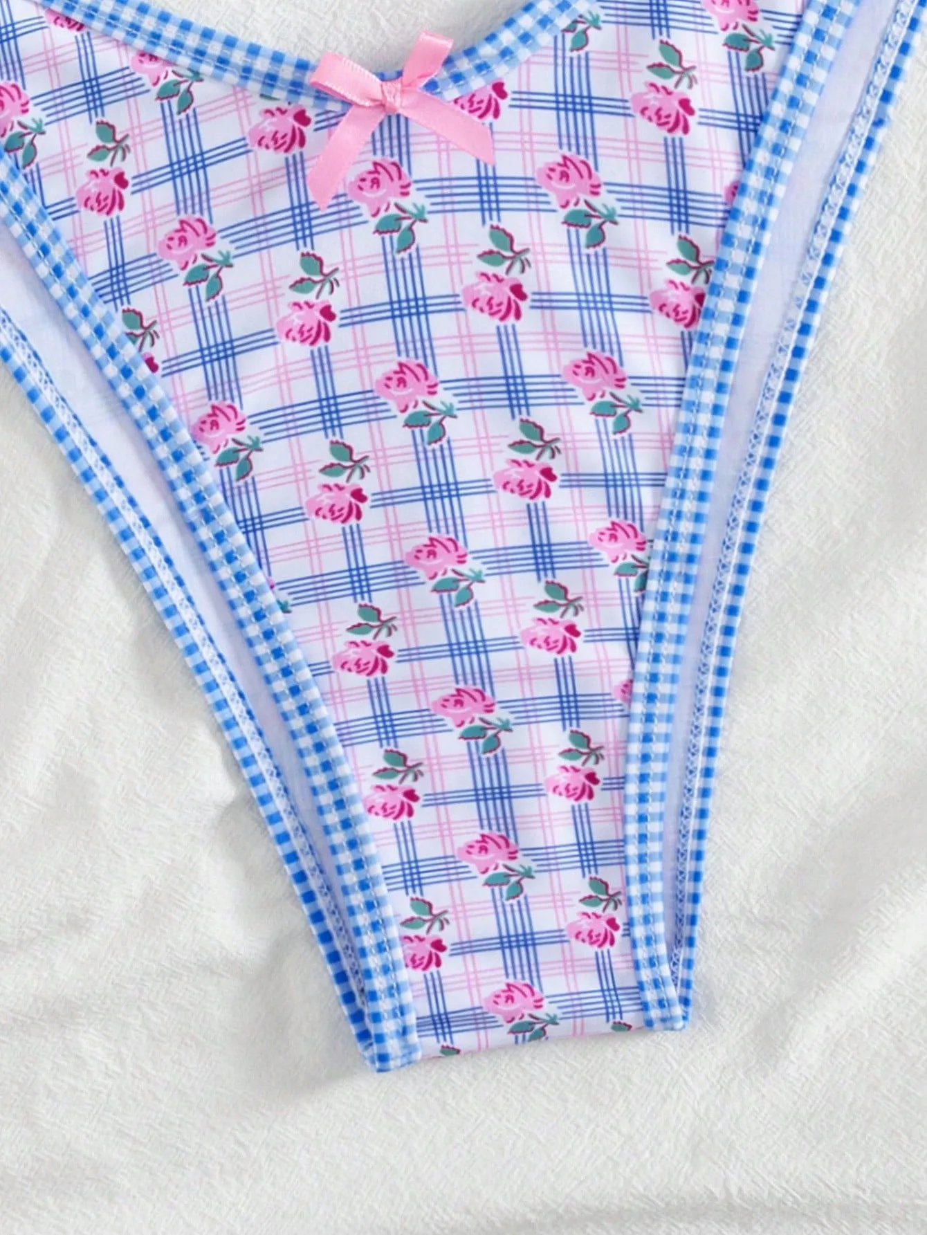 Blue 1960s Gingham Floral Bow Halter Triangle Bikini Set sold by Retro Stage product image thumbnail 5