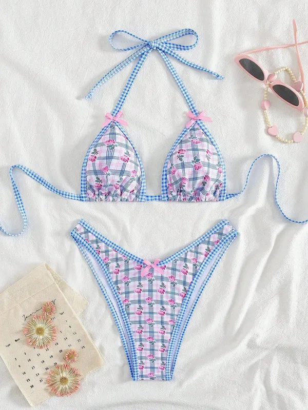 Blue 1960s Gingham Floral Bow Halter Triangle Bikini Set made by Retro Stage