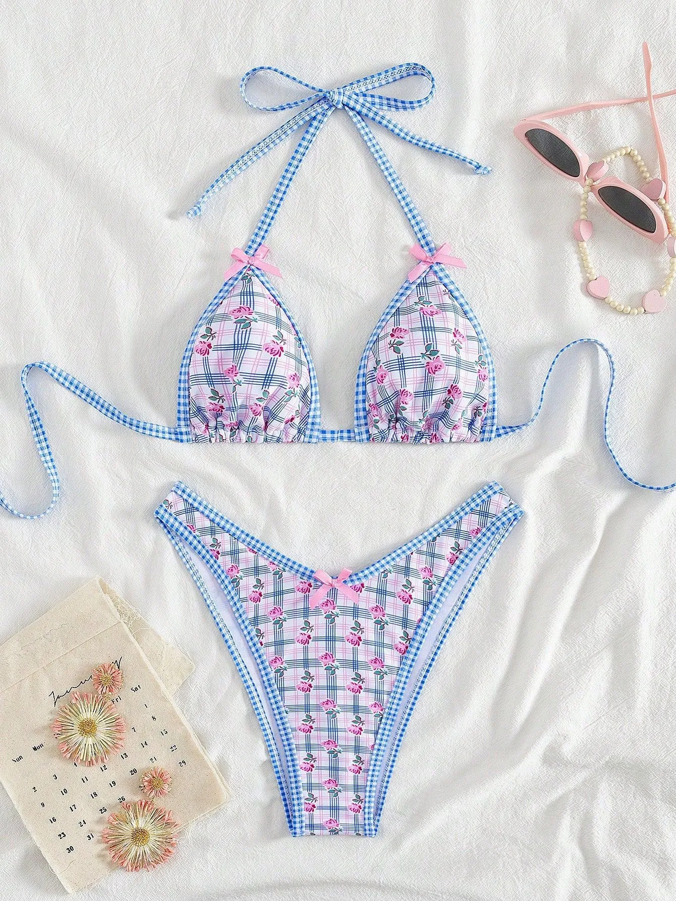 Blue 1960s Gingham Floral Bow Halter Triangle Bikini Set sold by Retro Stage