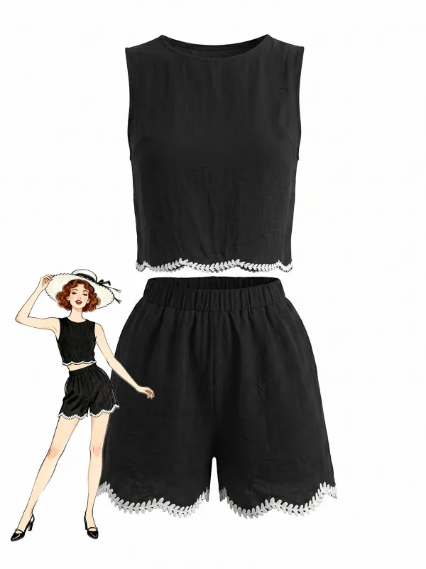 2PCS Black 1950s Crochet Trim Sleeveless Vest & Shorts made by Retro Stage