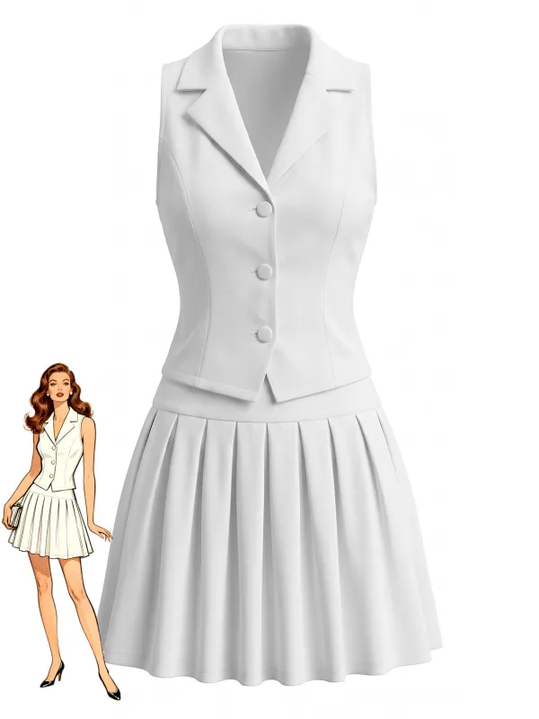 2PCS White 1940s Sleeveless V-Neck Vest & Pleated Skirt made by Retro Stage