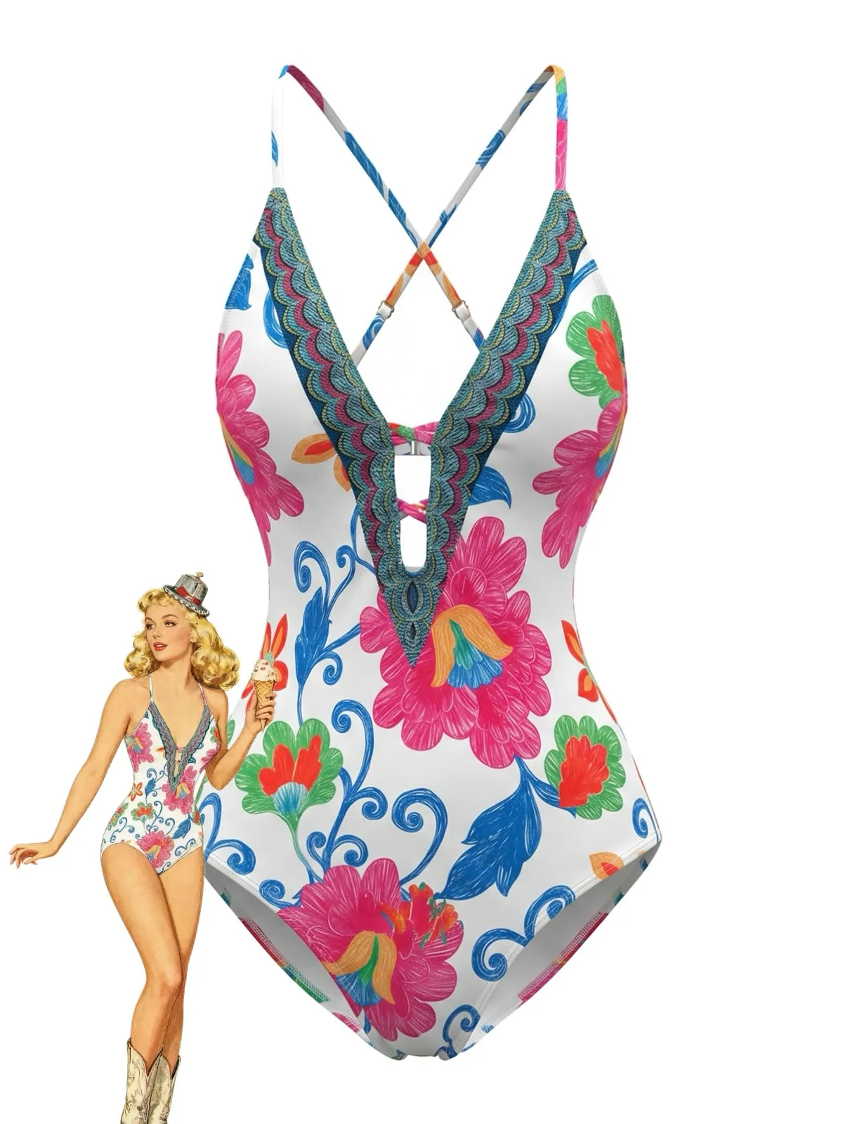 White 1980s Floral Crisscross Halter Deep-V One-Piece Swimsuit sold by Retro Stage