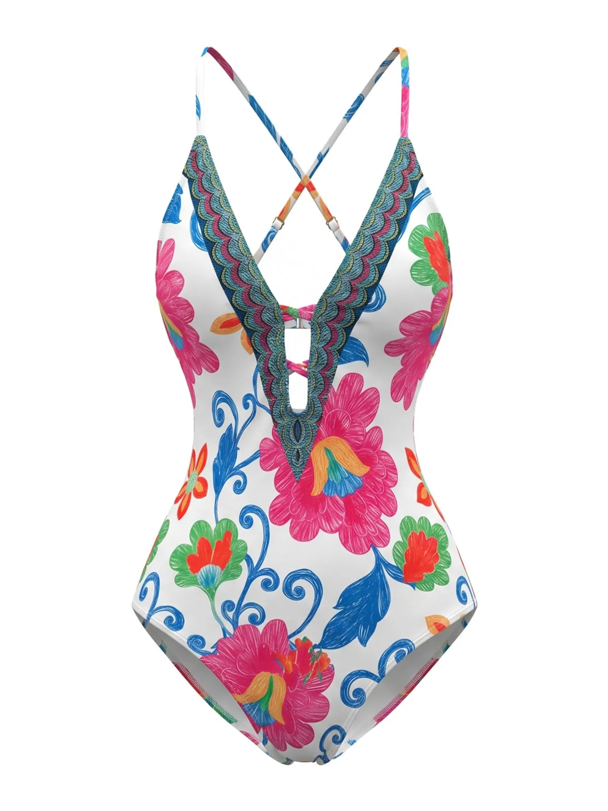 White 1980s Floral Crisscross Halter Deep-V One-Piece Swimsuit sold by Retro Stage product image thumbnail 2
