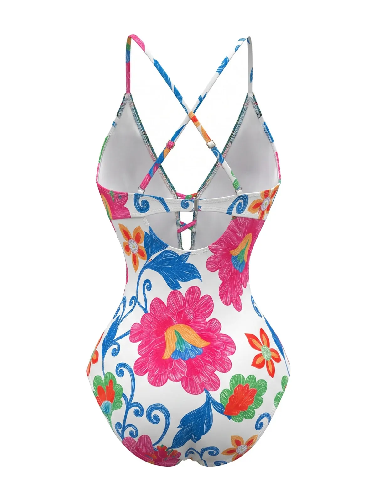 White 1980s Floral Crisscross Halter Deep-V One-Piece Swimsuit sold by Retro Stage product image thumbnail 3