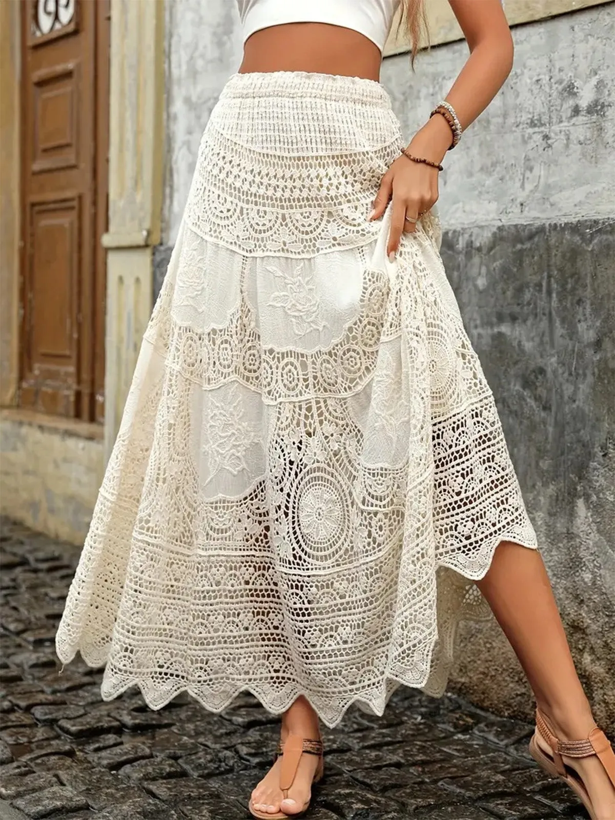 Beige 1980s Lace Patchwork A-Line Skirt sold by Retro Stage product image thumbnail 4