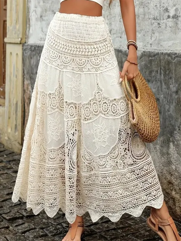 Beige 1980s Lace Patchwork A-Line Skirt made by Retro Stage