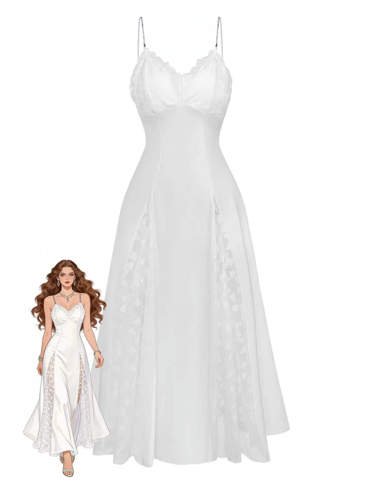 White 1950s Satin Lace Rhinestone Split Maxi Nightgown sold by Retro Stage
