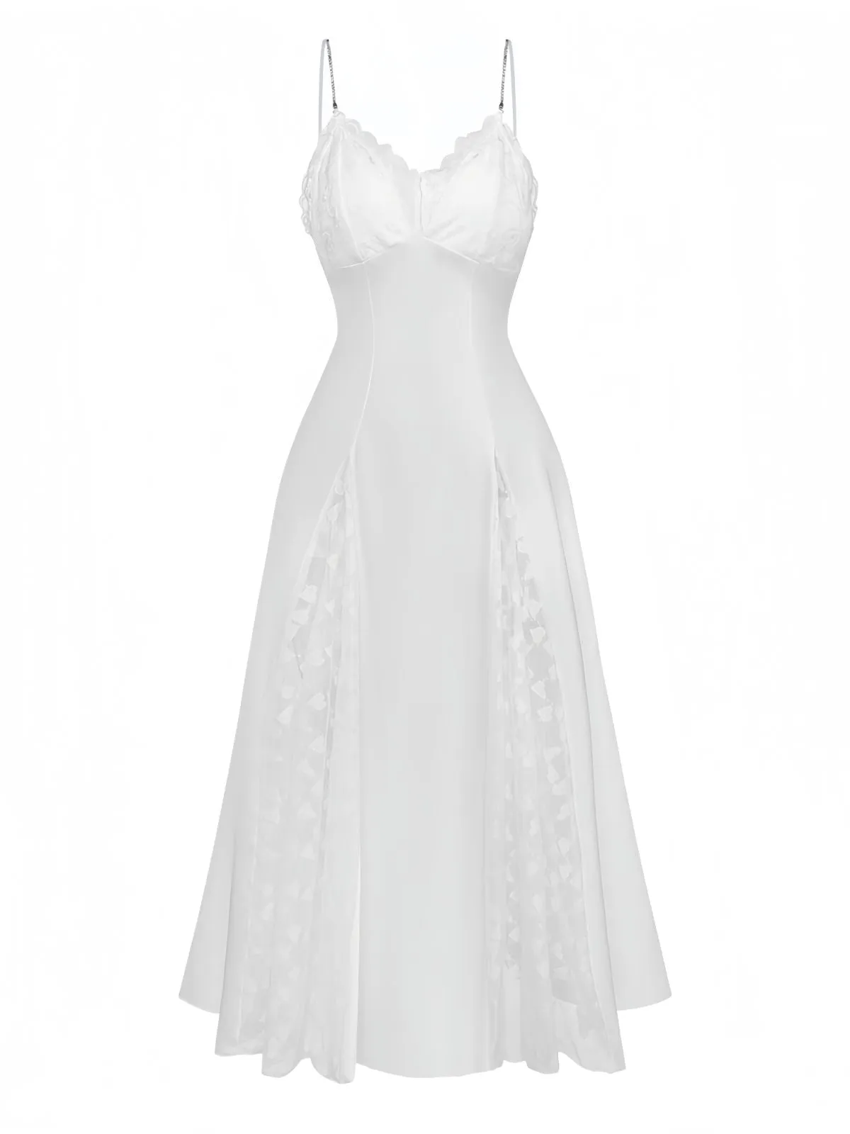 White 1950s Satin Lace Rhinestone Split Maxi Nightgown sold by Retro Stage product image thumbnail 2