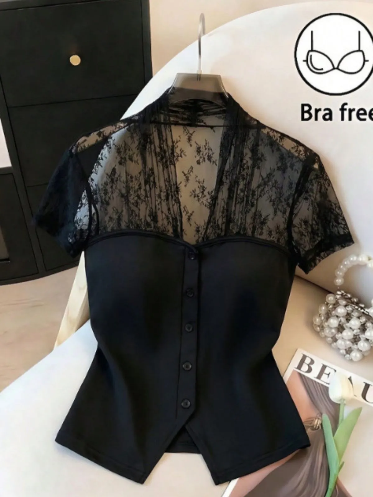 Black 1960s V-Neck Lace Patchwork Blouse sold by Retro Stage product image thumbnail 3