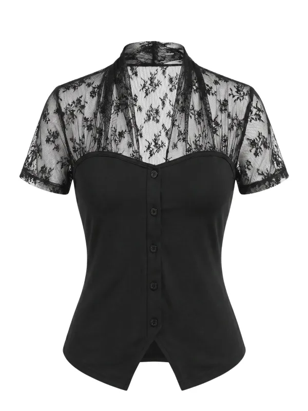 Black 1960s V-Neck Lace Patchwork Blouse made by Retro Stage