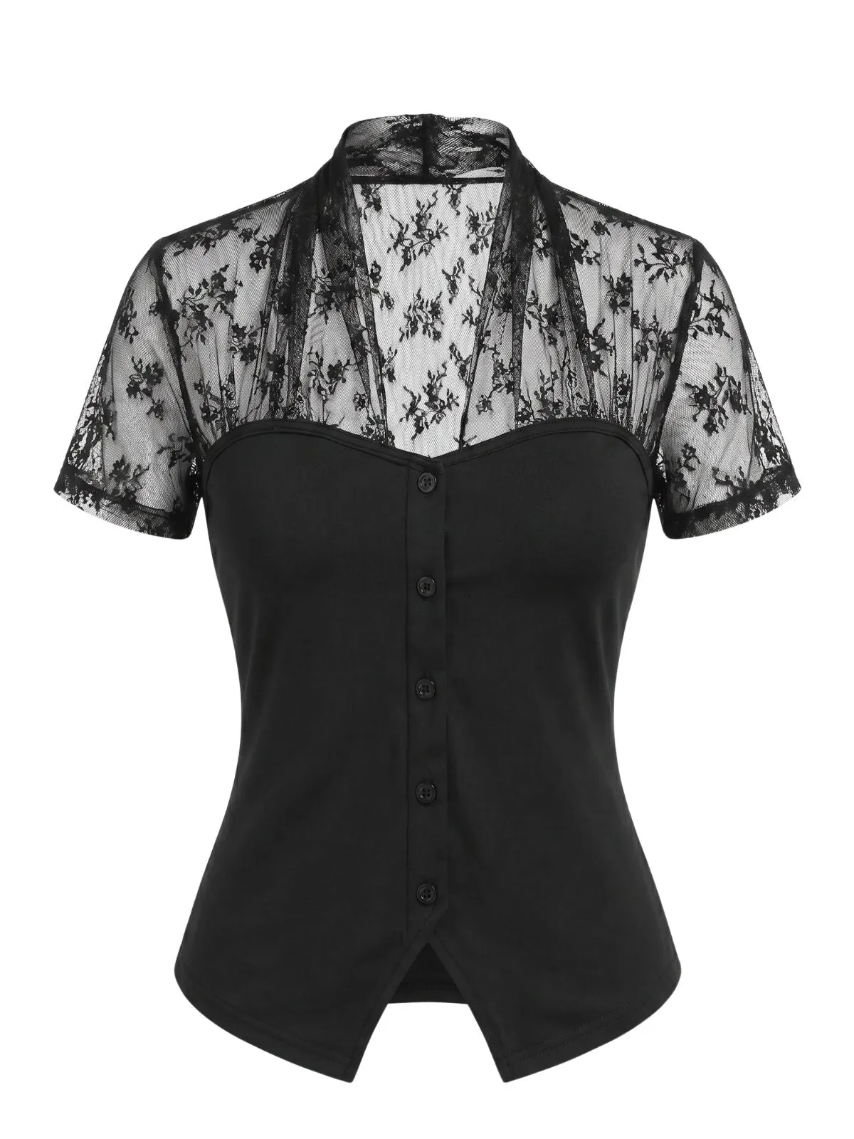 Black 1960s V-Neck Lace Patchwork Blouse sold by Retro Stage