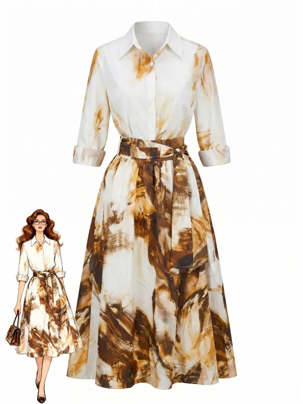 2PCS Khaki 1940s Vintage Print Blouse & Skirt made by Retro Stage