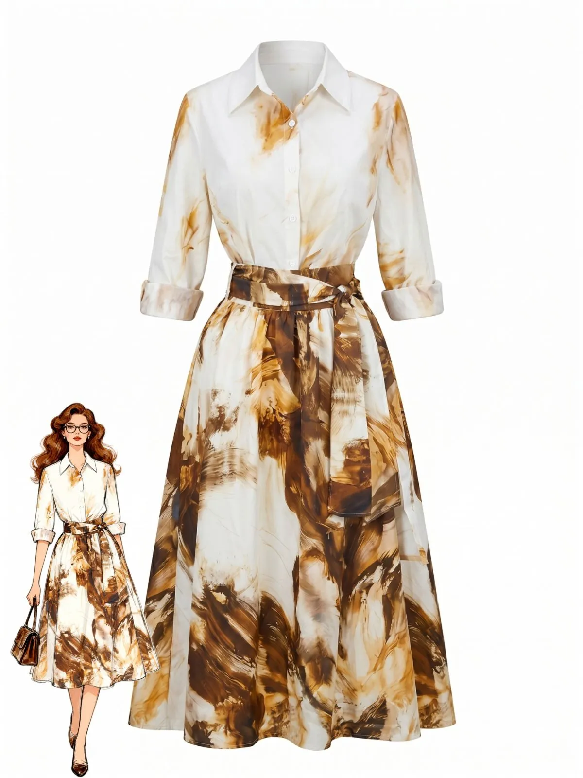 2PCS Khaki 1940s Vintage Print Blouse & Skirt sold by Retro Stage